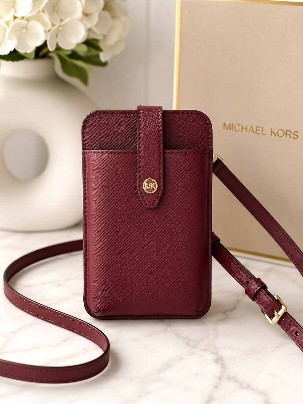 Michael Kors Maroon Saffiano Crossbody Phone Wallet with Gold Hardware